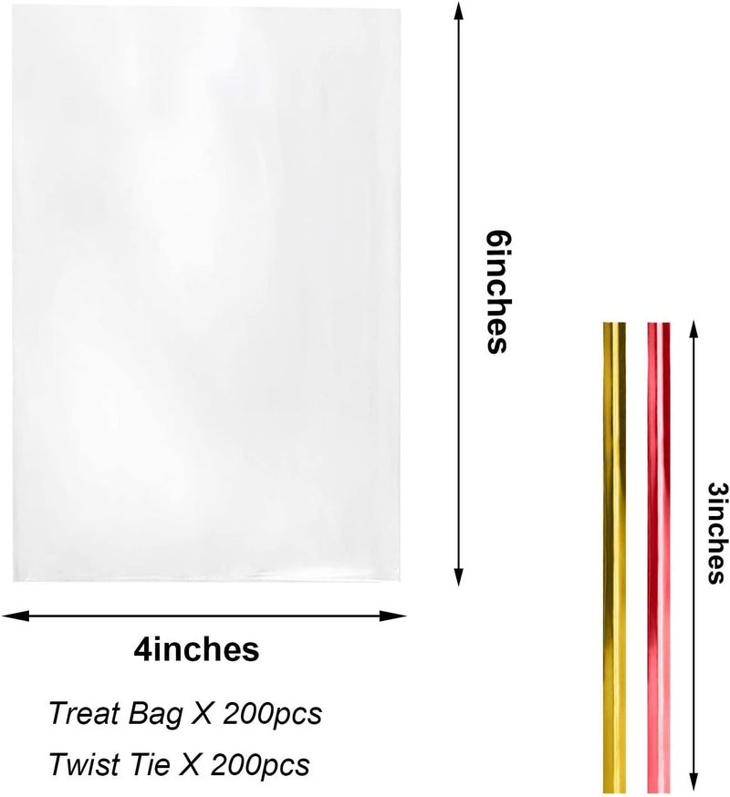 Morepack Cello Cellophane 4x6 Inches Cookie Bags 200 Pcs OPP Plastic Clear Treat Bags with 200 Twist Ties for Gift Wrapping,Packaging Candies,Dessert,Bakery,Chocolate,Party Favors - Image 2