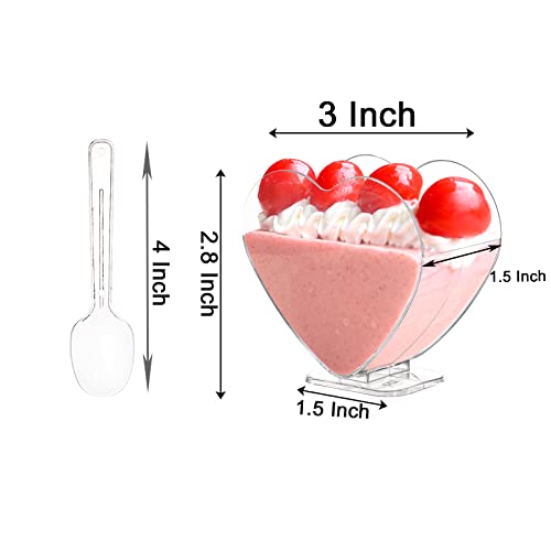 Coloch 100 Pack Plastic Mini Dessert Cup with Spoon for 4 oz Dessert/2.7 oz Liquid, Clear Parfait Appetizer Cup Heart-shaped Small Serving Bowl for Party, Buffet, Valentine's Day, Wedding - Image 2