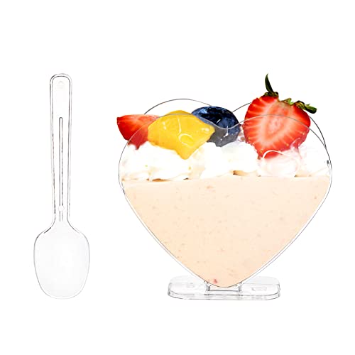 Coloch 100 Pack Plastic Mini Dessert Cup with Spoon for 4 oz Dessert/2.7 oz Liquid, Clear Parfait Appetizer Cup Heart-shaped Small Serving Bowl for Party, Buffet, Valentine's Day, Wedding - Image 3