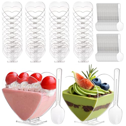 Coloch 100 Pack Plastic Mini Dessert Cup with Spoon for 4 oz Dessert/2.7 oz Liquid, Clear Parfait Appetizer Cup Heart-shaped Small Serving Bowl for Party, Buffet, Valentine's Day, Wedding - Image 1