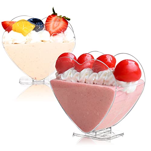 Coloch 100 Pack Plastic Mini Dessert Cup with Spoon for 4 oz Dessert/2.7 oz Liquid, Clear Parfait Appetizer Cup Heart-shaped Small Serving Bowl for Party, Buffet, Valentine's Day, Wedding - Image 4