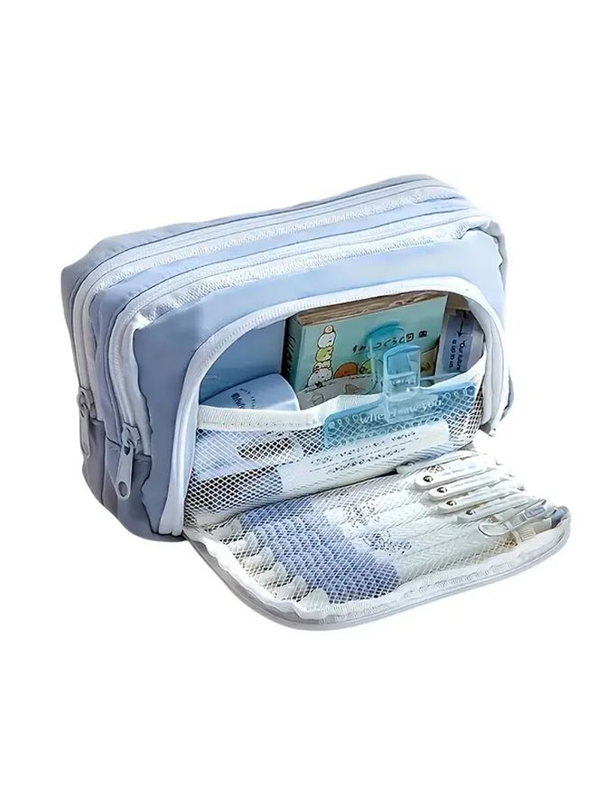 Large Capacity Blue Pencil Case With Multiple Compartments Light Beige Durable Polyester Handmade Stationery Organizer For Office Supplies Open Structure Bag Structured Construction - Image 5