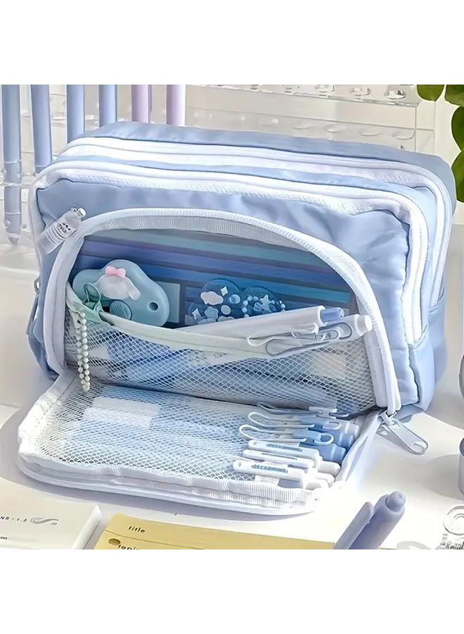 Large Capacity Blue Pencil Case With Multiple Compartments Light Beige Durable Polyester Handmade Stationery Organizer For Office Supplies Open Structure Bag Structured Construction - Image 2