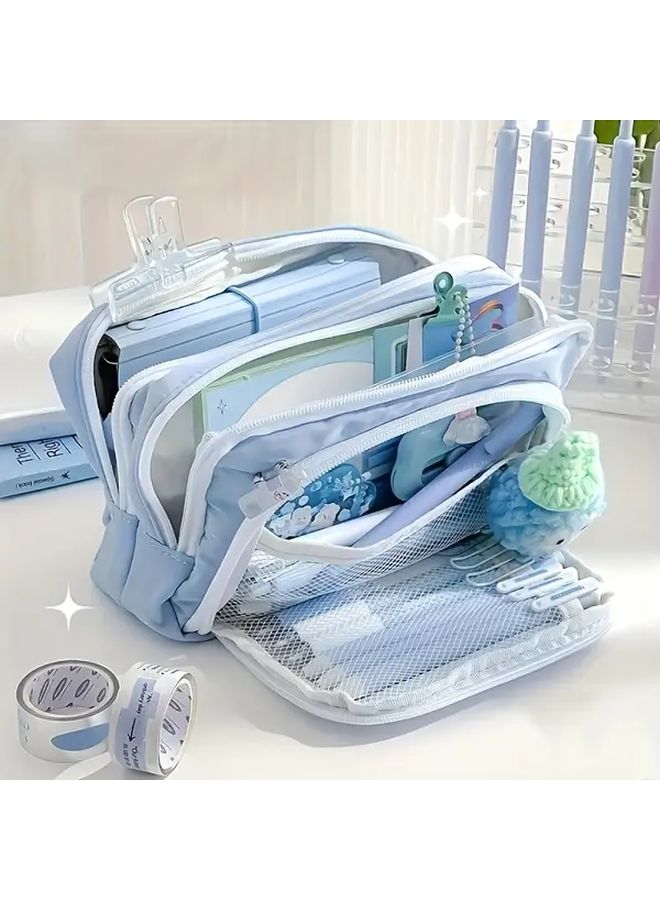 Large Capacity Blue Pencil Case With Multiple Compartments Light Beige Durable Polyester Handmade Stationery Organizer For Office Supplies Open Structure Bag Structured Construction - Image 1