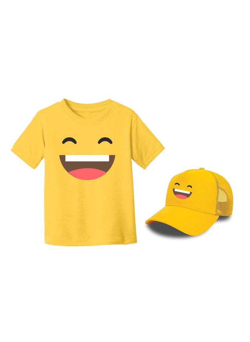 PRINTSHOP4ME - Kids Yellow Smiley Face Pack Of 2 T-Shirt And Cap Combo–Unisex Round Neck Short Sleeve Cotton T-Shirt - Image 1