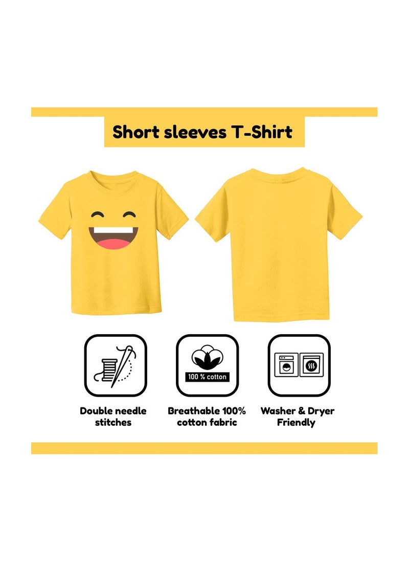 PRINTSHOP4ME - Kids Yellow Smiley Face Pack Of 2 T-Shirt And Cap Combo–Unisex Round Neck Short Sleeve Cotton T-Shirt - Image 1