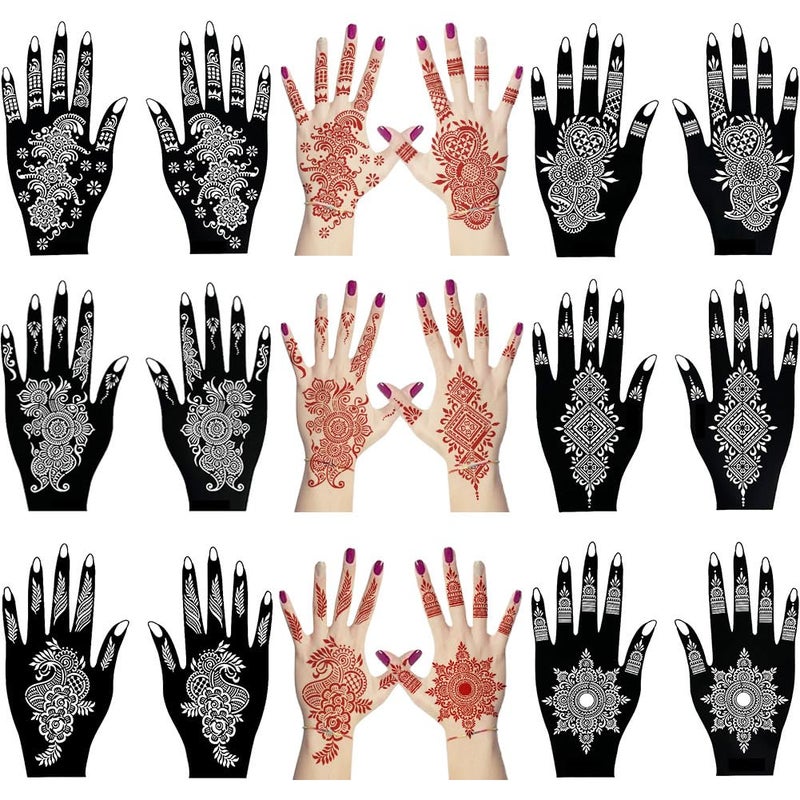 QSTOHENA مجموعة قوالب تاتو الحناء QSTOHENA 12 ورقة لليدين قوالب تاتو مؤقتة هندية عربية ذاتية اللصق ملصقات مهدى للنساء والفتيات 82 × 47