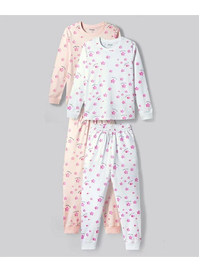 Primo Gino Primo Gino 100% Cotton Knit Full Sleeves Stars Printed Pajama Sets (Pack of 2) - Pink/White