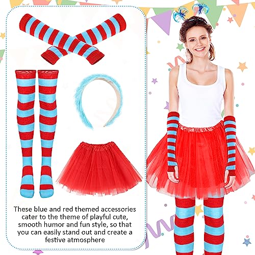 Toulite 4 Pcs Women Tulle Tutu Costume Accessories with Red Tulle Tutu Skirt Red Blue Striped Knee High Socks Stretchy Gloves Ponytails Headband for Women Girls Adult Halloween Party Cosplay Outfit, S - Image 4