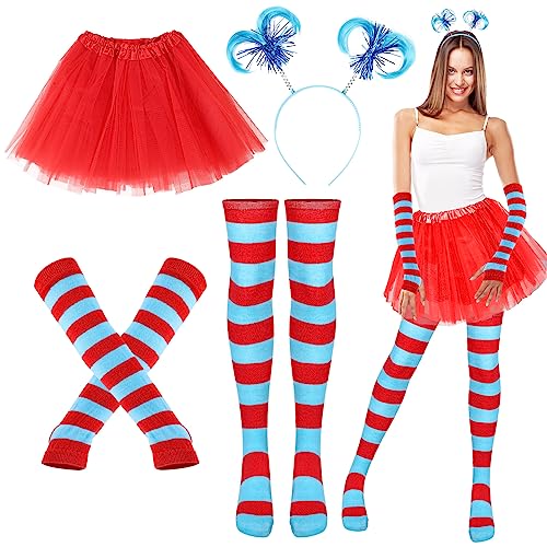 Toulite 4 Pcs Women Tulle Tutu Costume Accessories with Red Tulle Tutu Skirt Red Blue Striped Knee High Socks Stretchy Gloves Ponytails Headband for Women Girls Adult Halloween Party Cosplay Outfit, S - Image 1
