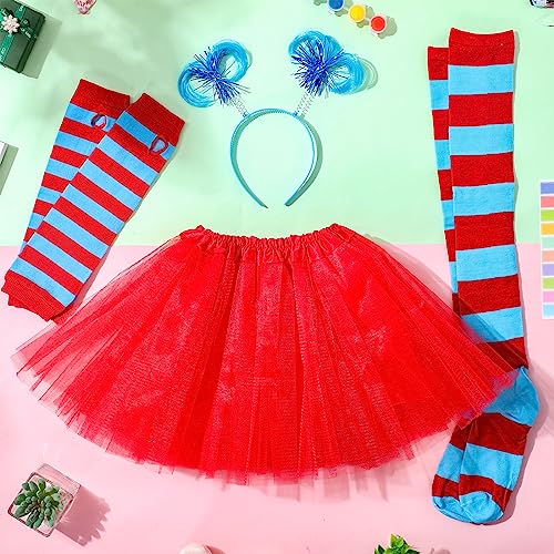 Toulite 4 Pcs Women Tulle Tutu Costume Accessories with Red Tulle Tutu Skirt Red Blue Striped Knee High Socks Stretchy Gloves Ponytails Headband for Women Girls Adult Halloween Party Cosplay Outfit, S - Image 5