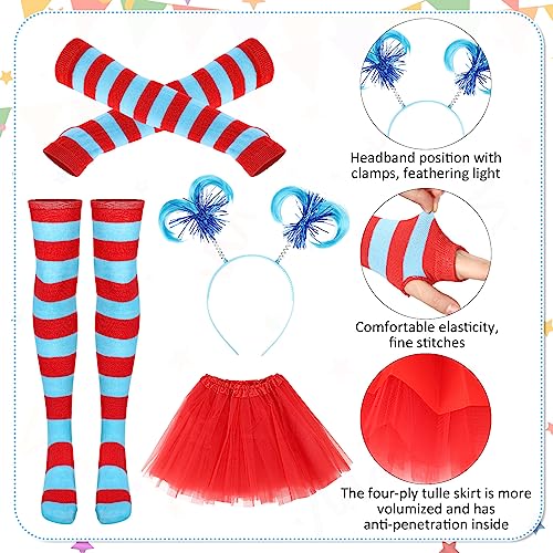Toulite 4 Pcs Women Tulle Tutu Costume Accessories with Red Tulle Tutu Skirt Red Blue Striped Knee High Socks Stretchy Gloves Ponytails Headband for Women Girls Adult Halloween Party Cosplay Outfit, S - Image 3