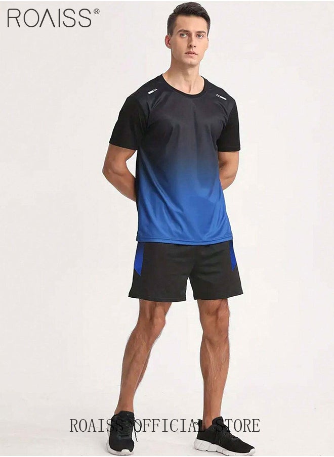 roaiss 2-Piece Mens Summer Running Outfit Set - Gradient T-Shirt & Shorts with Pockets - Breathable, Moisture-Wicking, Stylish for Jogging and Fitness  - Image 5