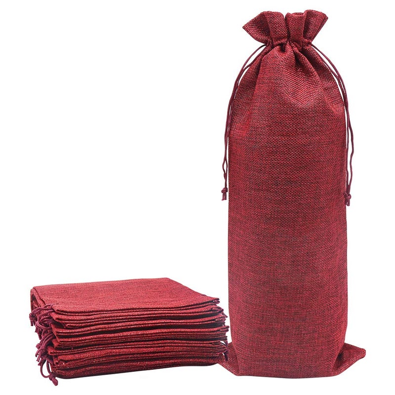 Shintop 10pcs Jute Wine Bags 15L 16 x 67 inches Hessian Wine Bottle Gift Bags with Drawstring Red