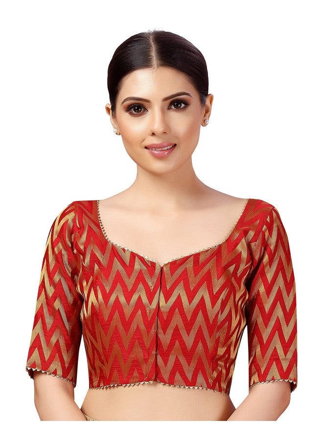Studio Shringaar Women's Readymade Wave Design Banaras Brocade Saree Blouse with Elbow Length Sleeves (Red,46) - Image 1