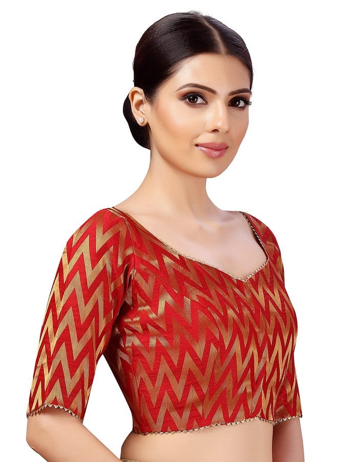 Studio Shringaar Women's Readymade Wave Design Banaras Brocade Saree Blouse with Elbow Length Sleeves (Red,46) - Image 5