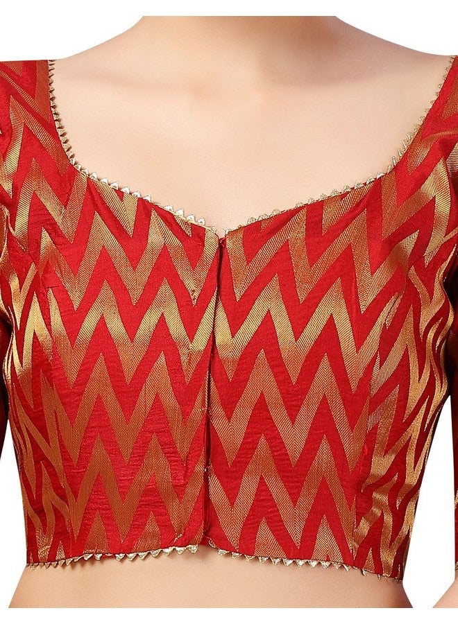 Studio Shringaar Women's Readymade Wave Design Banaras Brocade Saree Blouse with Elbow Length Sleeves (Red,46) - Image 3