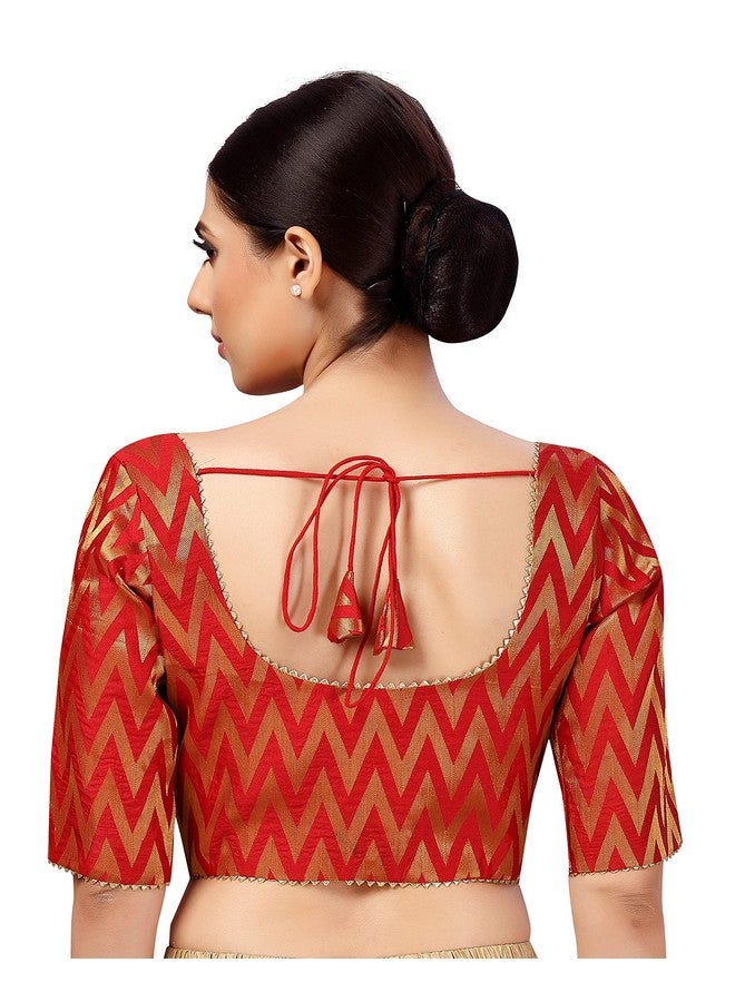 Studio Shringaar Women's Readymade Wave Design Banaras Brocade Saree Blouse with Elbow Length Sleeves (Red,46) - Image 2