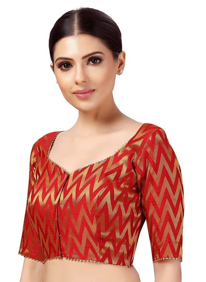 Studio Shringaar Women's Readymade Wave Design Banaras Brocade Saree Blouse with Elbow Length Sleeves (Red,46) - Image 4