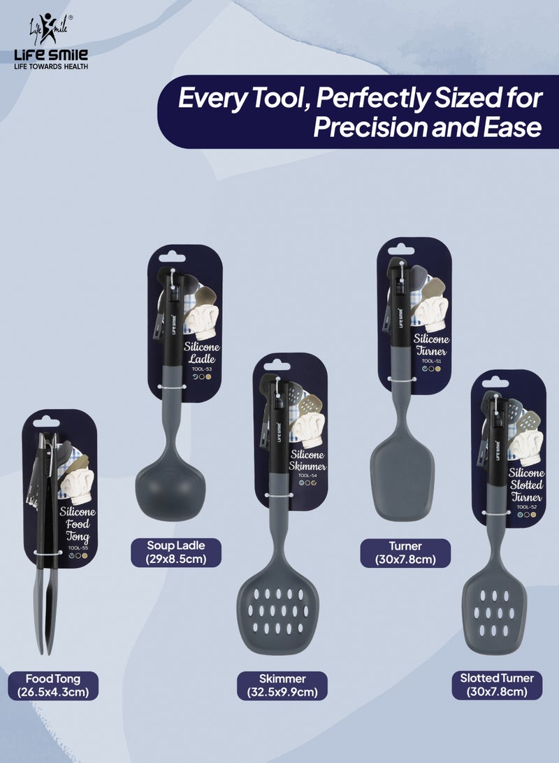 Life Smile Lifesmile Silicone Kitchen Utensils Set (5-Piece) | Ladle, Turner, Slotted Turner, Skimmer & Food Tong | Heat-Resistant - Image 2