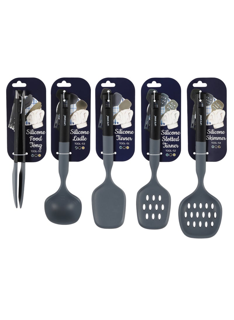 Life Smile Lifesmile Silicone Kitchen Utensils Set (5-Piece) | Ladle, Turner, Slotted Turner, Skimmer & Food Tong | Heat-Resistant - Image 1