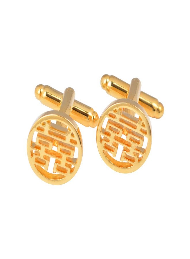 Jonwo Double Happiness Cufflinks in a Gift Box Chinese Wedding Shuangxi Cuff Links Jewelry for Traditional Wedding Party Gift (Round 14K Gold Plated Cufflinks) - Image 1