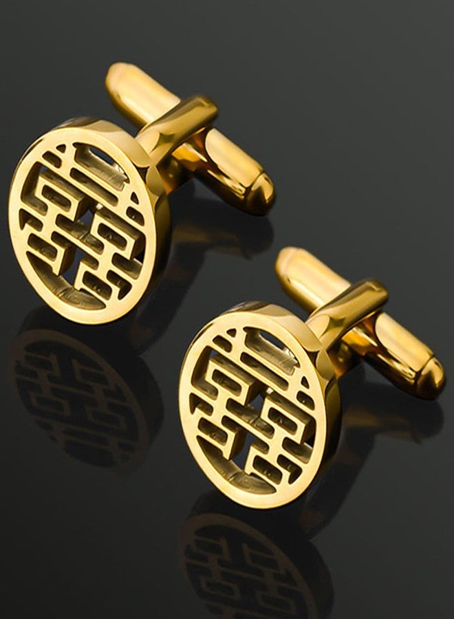 Jonwo Double Happiness Cufflinks in a Gift Box Chinese Wedding Shuangxi Cuff Links Jewelry for Traditional Wedding Party Gift (Round 14K Gold Plated Cufflinks) - Image 4