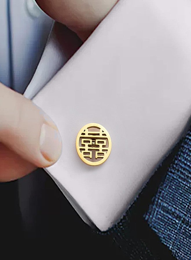 Jonwo Double Happiness Cufflinks in a Gift Box Chinese Wedding Shuangxi Cuff Links Jewelry for Traditional Wedding Party Gift (Round 14K Gold Plated Cufflinks) - Image 2