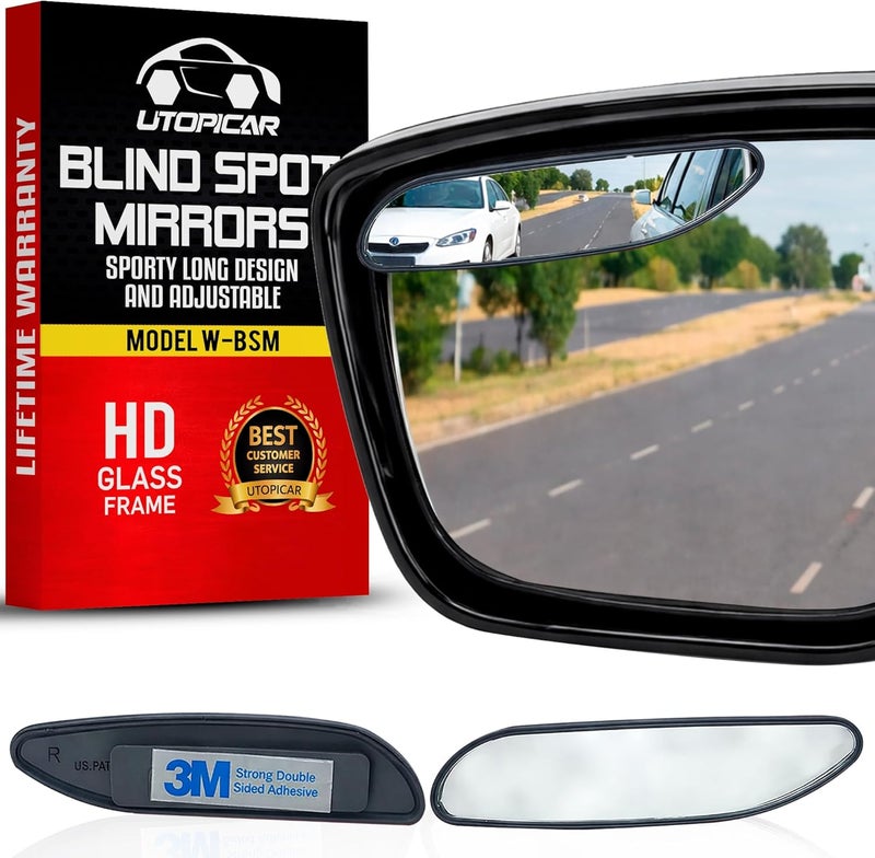 Utopicar Long Blind Spot Car Mirror Aesthetic Convex Mirrors 5.3” x 1.3” - Side Mirror Engineered Design - Up & Down Adjustable - Blind Spot Rear View Mirrors for Car (2-Pack) - Image 1