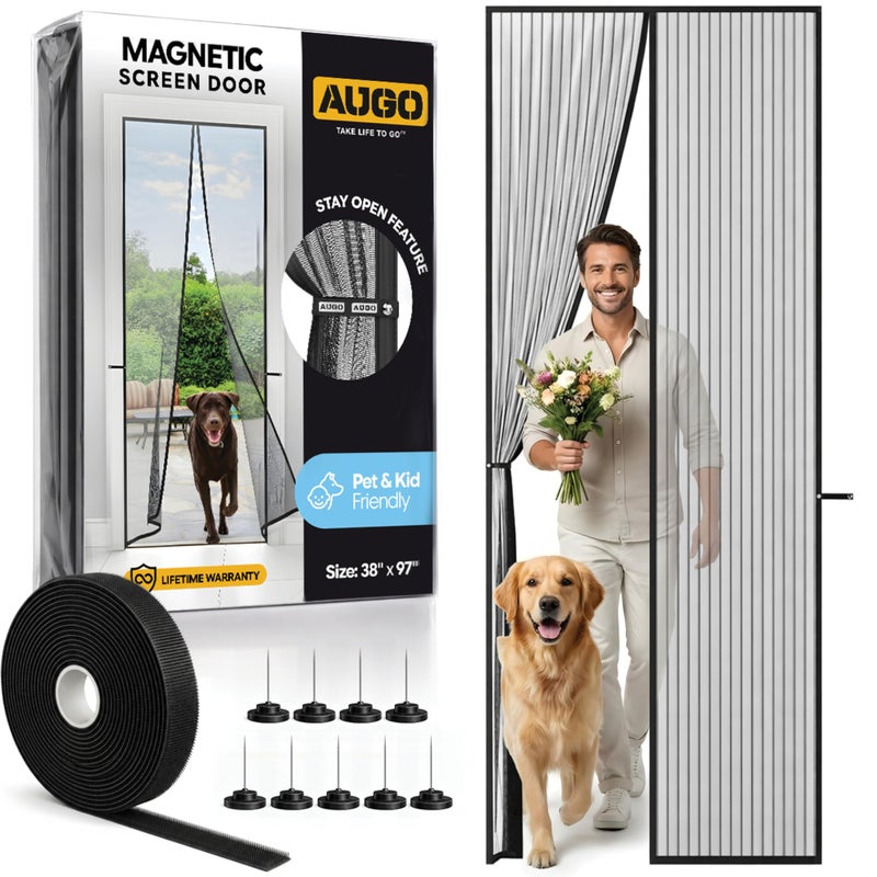 AUGO Magnetic Screen Door - Self Sealing, Heavy Duty, Hands Free Mesh Partition Keeps Bugs Out - Pet and Kid Friendly - Patent Pending Keep Open Feature - 38 Inch x 97 Inch - Image 1