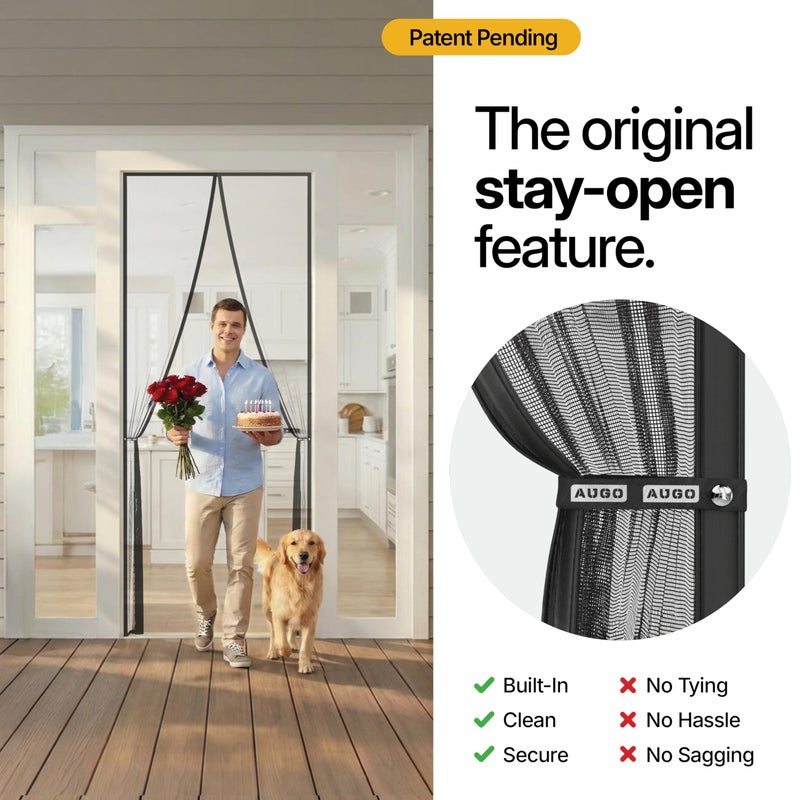 AUGO Magnetic Screen Door - Self Sealing, Heavy Duty, Hands Free Mesh Partition Keeps Bugs Out - Pet and Kid Friendly - Patent Pending Keep Open Feature - 38 Inch x 97 Inch - Image 3