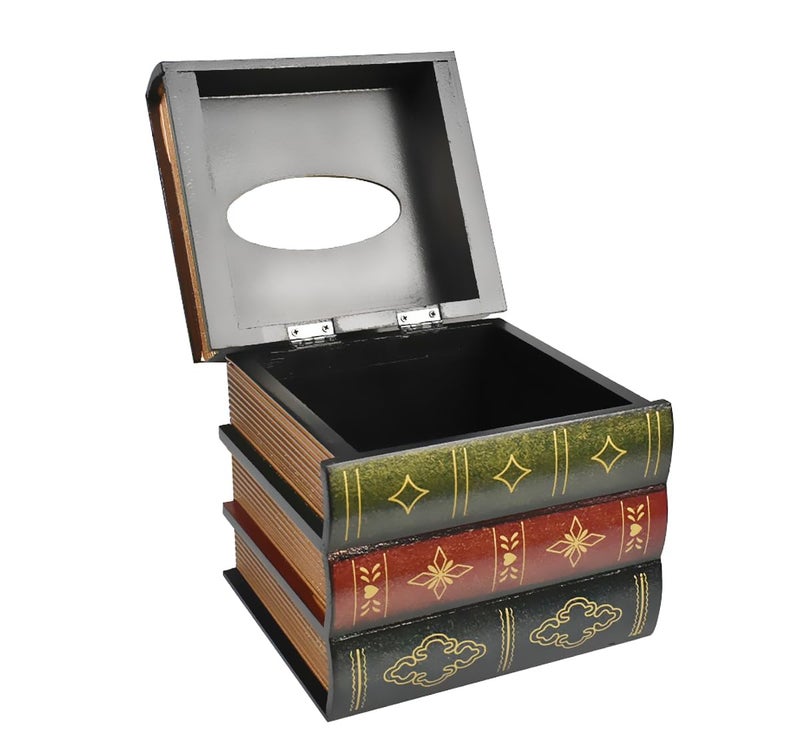 JFFCESTORE Hand-Made Retro Wooden Antique Book Tissue Box Cover Square Tissue Holder Dispenser Paper Cover Case Napkin Holder Home Decor for Bathroom Living Room Office car Kitchen (Dark Green) - Image 4