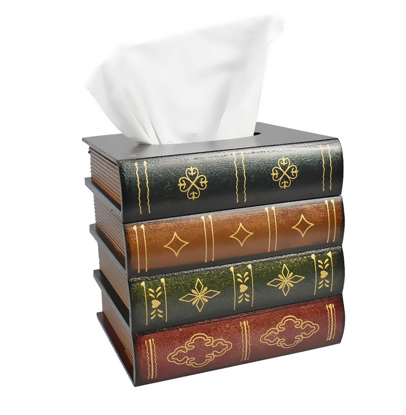 JFFCESTORE Hand-Made Retro Wooden Antique Book Tissue Box Cover Square Tissue Holder Dispenser Paper Cover Case Napkin Holder Home Decor for Bathroom Living Room Office car Kitchen (Dark Green) - Image 1