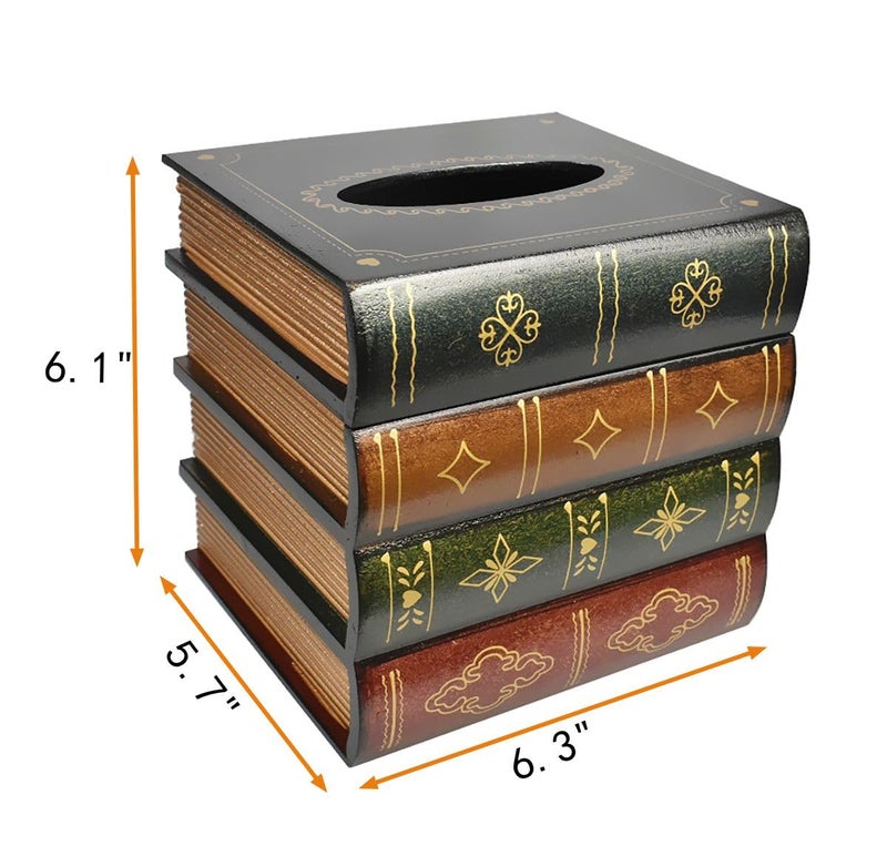 JFFCESTORE Hand-Made Retro Wooden Antique Book Tissue Box Cover Square Tissue Holder Dispenser Paper Cover Case Napkin Holder Home Decor for Bathroom Living Room Office car Kitchen (Dark Green) - Image 2
