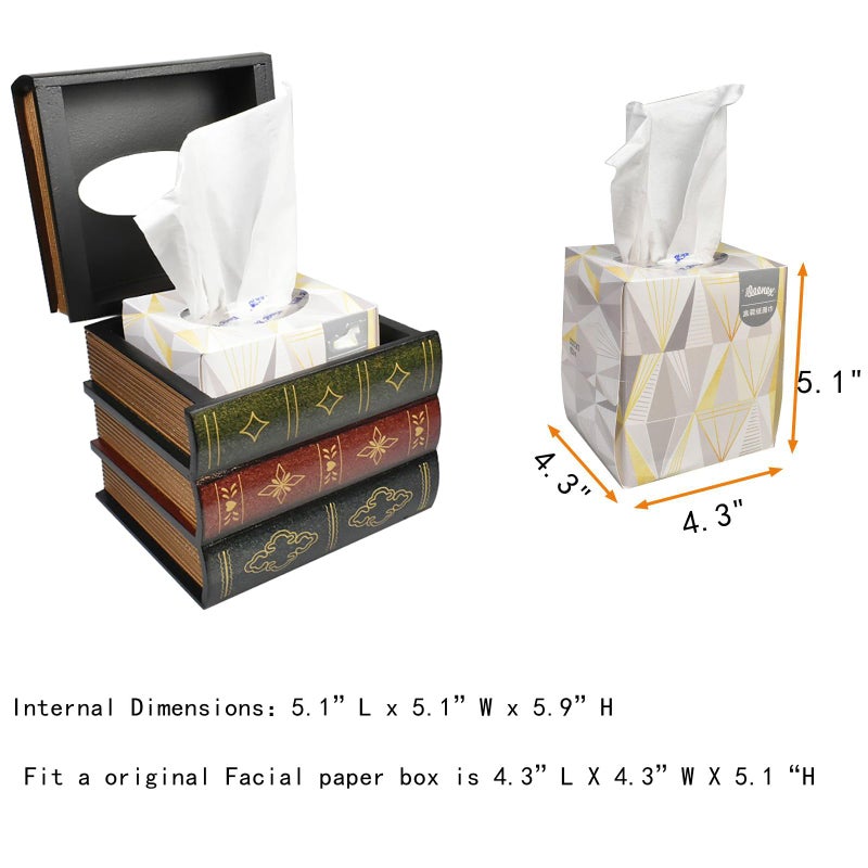 JFFCESTORE Hand-Made Retro Wooden Antique Book Tissue Box Cover Square Tissue Holder Dispenser Paper Cover Case Napkin Holder Home Decor for Bathroom Living Room Office car Kitchen (Dark Green) - Image 3