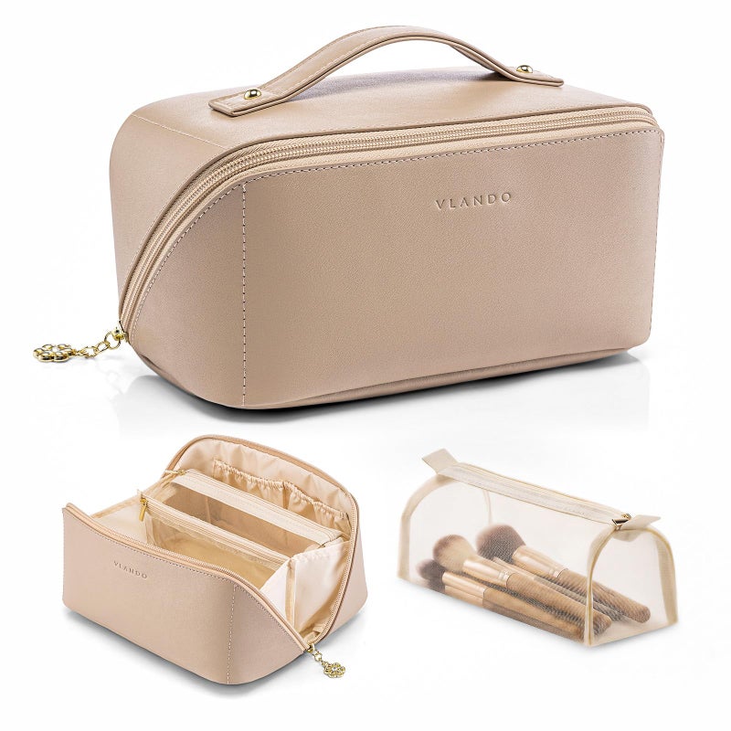 VLANDO Makeup Bag,Travel Toiletry Bag,Cosmetic Bag for Women PU Leather Portable Make up Bag for Skincare, Brushes & Travel Essentials-Toffee - Image 1