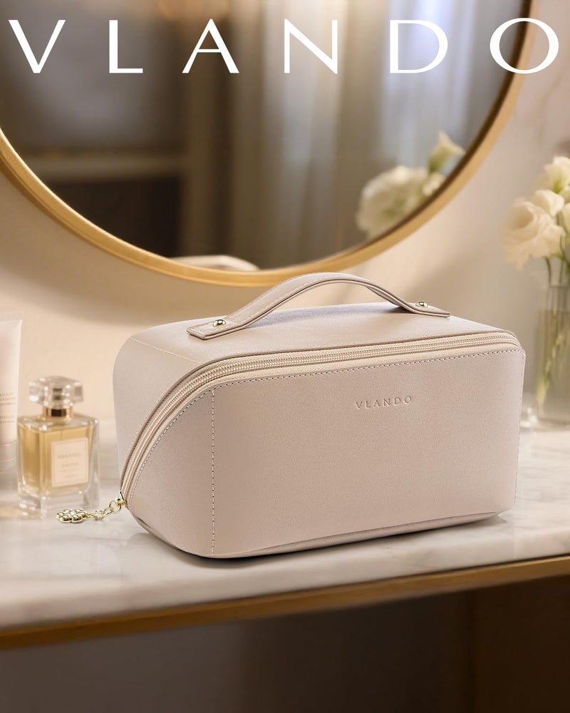 VLANDO Makeup Bag,Travel Toiletry Bag,Cosmetic Bag for Women PU Leather Portable Make up Bag for Skincare, Brushes & Travel Essentials-Toffee - Image 2