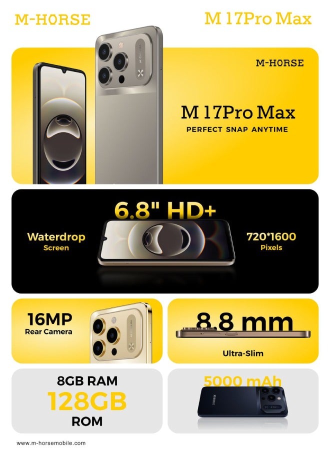 M-HORSE M17ProMax+ Smartphone, 8GB RAM, 128GB Storage, Dual SIM, 6.8-Inch AMOLED Display, Android 14, 4G LTE – White - Image 3