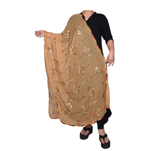 KEMZA Women's Embroidered Mirror Work Chiffon Dupatta (Gold) Rajasthani Banjara Dupatta with Kuchi Work For Festival, Wedding, Party - Image 2