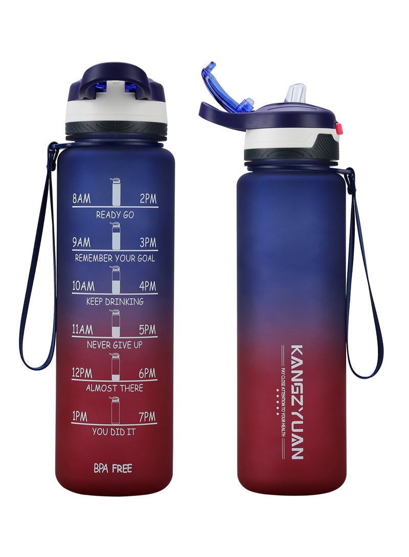 KANGZYUAN Straw Sports Water Bottle With Time Marker for Fitness Gym Camping Outdoor Sports Protein Shaker Outdoor Travel Portable Leakproof Drinkware Drink Bottle BPA Free 1000mL Blue Red  - Image 1