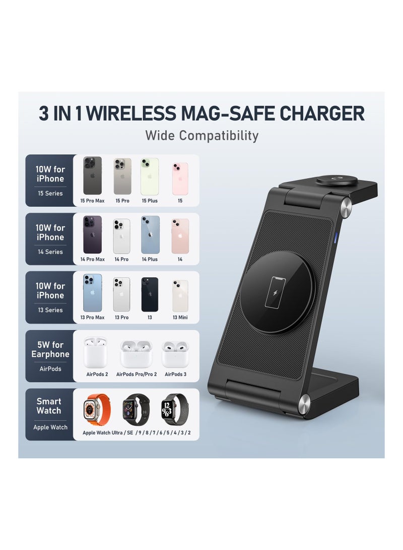 SYOSI Magnetic Wireless Charger Stand, 3-in-1 Charging Station Foldable Wireless Charger Multi-Device Charger Fast Charging Hub for iPhone 15 14 13 12 Series, Apple Watch Ultra/SE/9/8/7/6/5/4/3/2, AirPods - Image 2