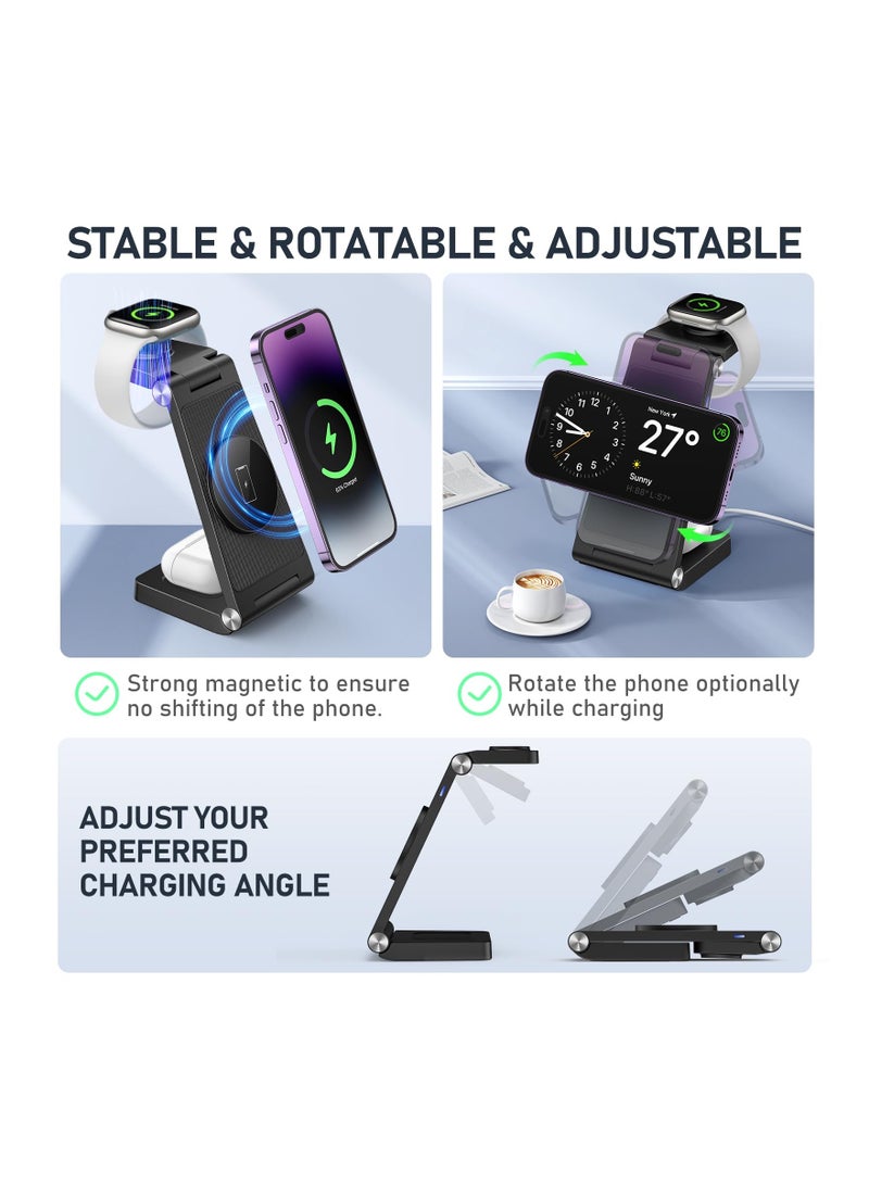SYOSI Magnetic Wireless Charger Stand, 3-in-1 Charging Station Foldable Wireless Charger Multi-Device Charger Fast Charging Hub for iPhone 15 14 13 12 Series, Apple Watch Ultra/SE/9/8/7/6/5/4/3/2, AirPods - Image 3