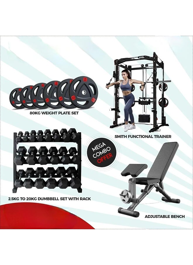 Miracle Fitness Multifunctional Smith Machine Combo Offer/ Smith Functional Trainer, Adjustable Bench, Hex Dumbbell Set, Weight Plate Set  - Image 1