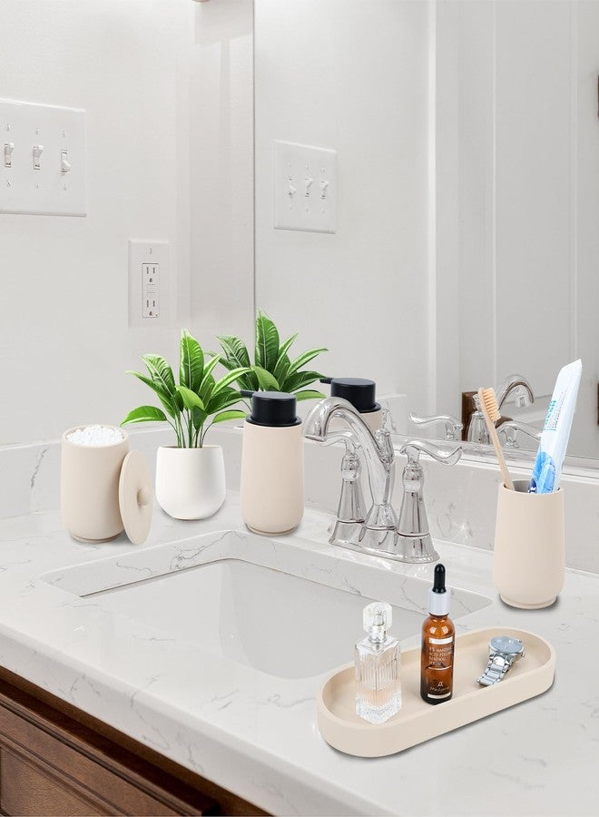 Deobath Bathroom Accessories Set,4 Piece Bathroom Accessory Set Includes Toothbrush Holder,Liquid Soap Dispenser,Qtip Holder & Vanity Tray,Bathroom Organizer for Modern Bathrooms - Beige - Image 5