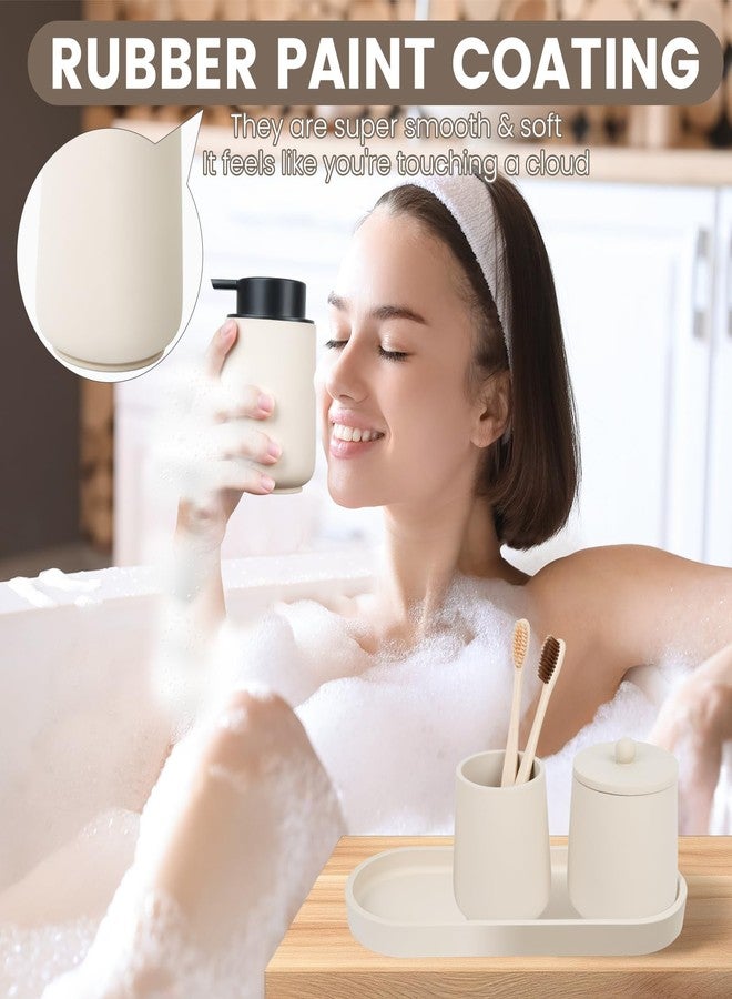 Deobath Bathroom Accessories Set,4 Piece Bathroom Accessory Set Includes Toothbrush Holder,Liquid Soap Dispenser,Qtip Holder & Vanity Tray,Bathroom Organizer for Modern Bathrooms - Beige - Image 4