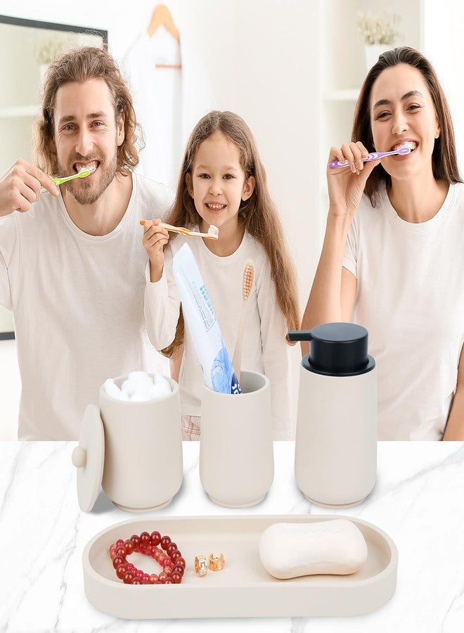 Deobath Bathroom Accessories Set,4 Piece Bathroom Accessory Set Includes Toothbrush Holder,Liquid Soap Dispenser,Qtip Holder & Vanity Tray,Bathroom Organizer for Modern Bathrooms - Beige - Image 2