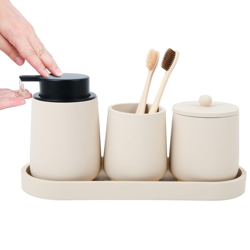 Deobath Bathroom Accessories Set,4 Piece Bathroom Accessory Set Includes Toothbrush Holder,Liquid Soap Dispenser,Qtip Holder & Vanity Tray,Bathroom Organizer for Modern Bathrooms - Beige - Image 1