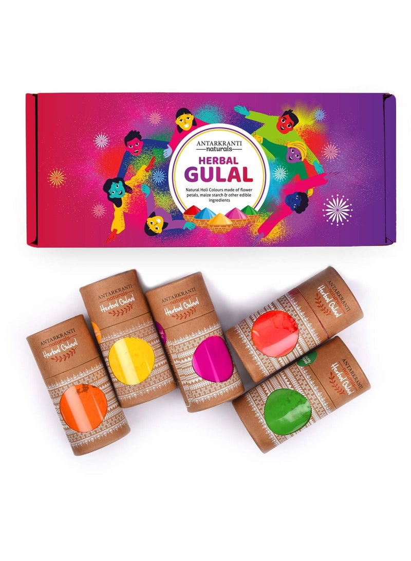 Antarkranti Natural Holi Gulal Colour Orange Yellow Red Green and Blue Tesu Flower Rose Petals Marigold Sandalwood Maize Starch Food Colour  Pack of 5 - Image 1