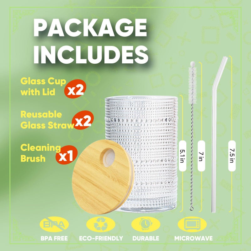CWHHRN 15 Oz Glass Cups with Lids and Straws, Vintage Embossed Glassware for Whiskey Cocktail Beer, Iced Coffee Cup with Lid (2 PACK) - Image 2