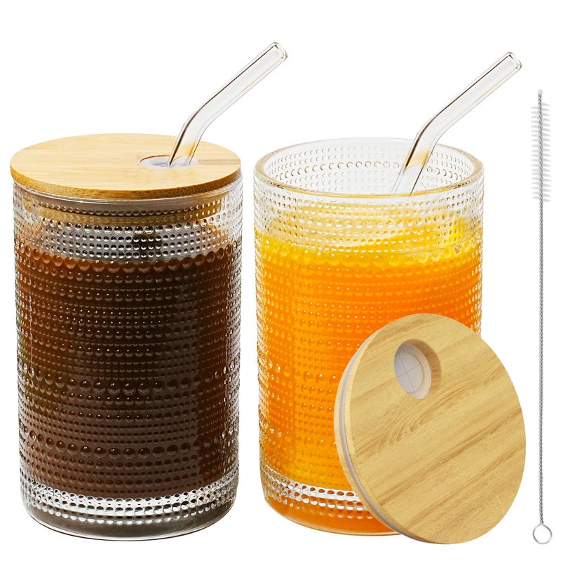 CWHHRN 15 Oz Glass Cups with Lids and Straws, Vintage Embossed Glassware for Whiskey Cocktail Beer, Iced Coffee Cup with Lid (2 PACK) - Image 1